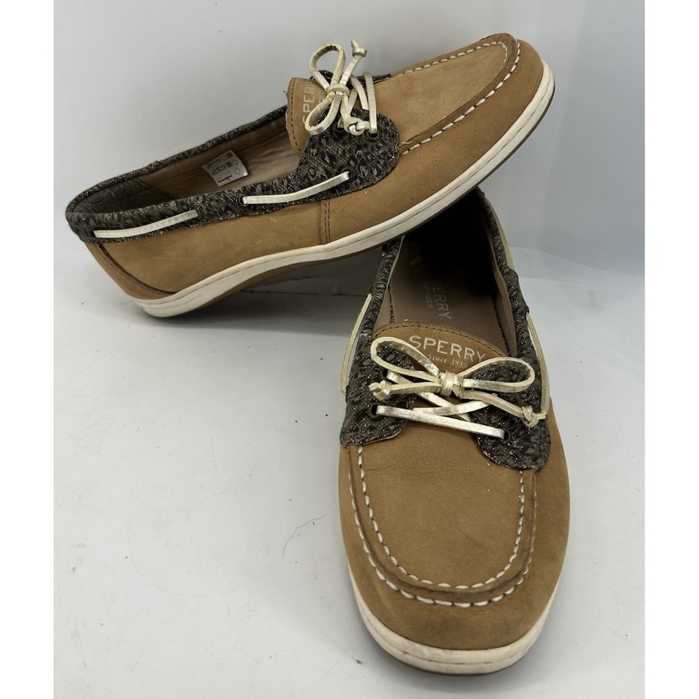 Sperry Top Sider Firefish Tan Leather Boat Shoes Cheetah Print Top Women's‎ 6M